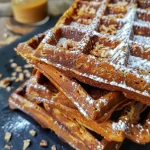 ['Close-up view of golden-brown red lentil waffles, garnished with a dollop of chocolate cream and walnuts.', 'Side view of vibrant red lentil waffles, showcasing their texture and topped with vegan chocolate spread and nuts.', 'Appetizing shot of red lentil waffles, highlighting their crispy edges and soft interior, served with chocolate and walnuts.', 'Detailed side view of delicious red lentil waffles, adorned with creamy chocolate spread and chopped walnuts.']
