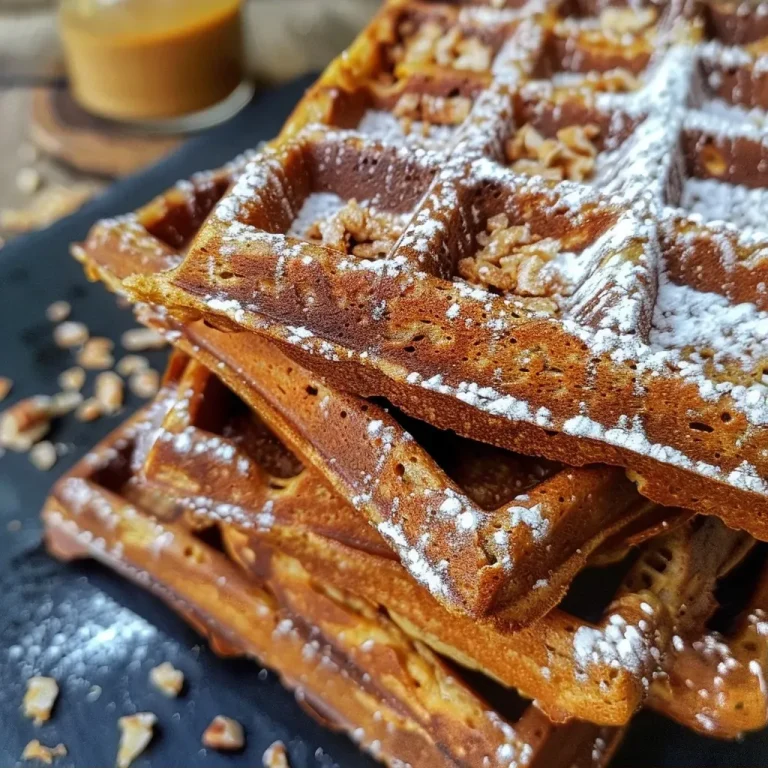 ['Close-up view of golden-brown red lentil waffles, garnished with a dollop of chocolate cream and walnuts.', 'Side view of vibrant red lentil waffles, showcasing their texture and topped with vegan chocolate spread and nuts.', 'Appetizing shot of red lentil waffles, highlighting their crispy edges and soft interior, served with chocolate and walnuts.', 'Detailed side view of delicious red lentil waffles, adorned with creamy chocolate spread and chopped walnuts.']