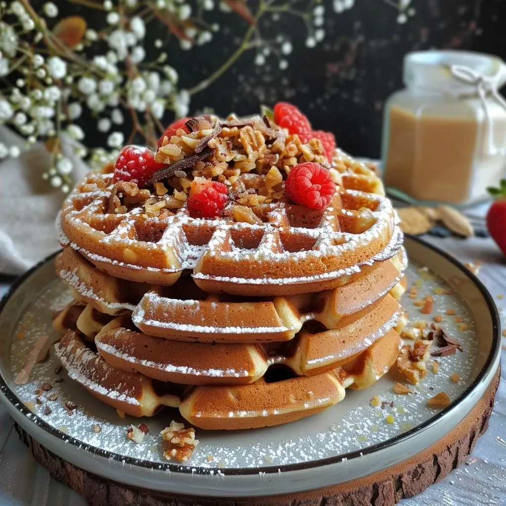 ['Close-up view of golden-brown red lentil waffles, garnished with a dollop of chocolate cream and walnuts.', 'Side view of vibrant red lentil waffles, showcasing their texture and topped with vegan chocolate spread and nuts.', 'Appetizing shot of red lentil waffles, highlighting their crispy edges and soft interior, served with chocolate and walnuts.', 'Detailed side view of delicious red lentil waffles, adorned with creamy chocolate spread and chopped walnuts.']