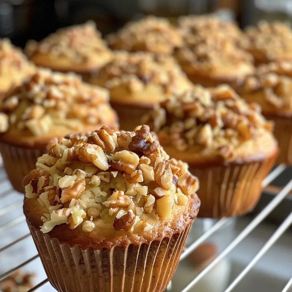['Close-up view of freshly baked Walnuss Muffins with a golden-brown crust.', 'Delicious Walnuss Muffins featuring a moist texture and chunks of walnuts.', 'Side view of warm, homemade Walnuss Muffins on a rustic wooden table.', 'Juicy Walnuss Muffins showcasing a crumbly top and nutty interior.']