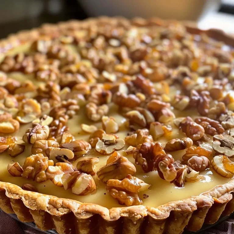 ['Close-up side view of a glossy Walnuss-Tarte garnished with walnut halves.', 'Detailed image showcasing a slice of Walnuss-Tarte with a rich walnut filling.', 'Side profile of a freshly baked Walnuss-Tarte, highlighting its golden crust and deep filling.', 'Close-up of a slice of Walnuss-Tarte with visible walnut pieces and a creamy topping.']