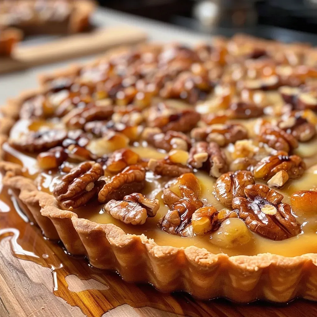 ['Close-up side view of a glossy Walnuss-Tarte garnished with walnut halves.', 'Detailed image showcasing a slice of Walnuss-Tarte with a rich walnut filling.', 'Side profile of a freshly baked Walnuss-Tarte, highlighting its golden crust and deep filling.', 'Close-up of a slice of Walnuss-Tarte with visible walnut pieces and a creamy topping.']