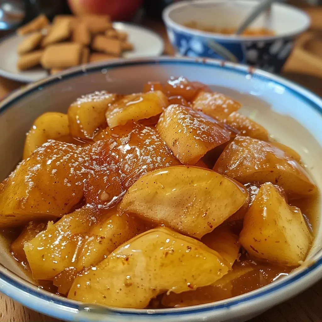 ['Close-up of a warm, spiced apple dessert with cinnamon and almonds.', 'Side view of a juicy apple with cinnamon and toppings, served warm.', 'Detailed view of a delicious baked apple with cinnamon and garnishes.', 'A cozy warm apple dish featuring cinnamon, almonds, and raisins.']