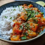 ['Close-up view of a vibrant plate of Wassermelonen-Curry with black beans and paneer.', 'Delicious Wassermelonen-Curry garnished with fresh coriander and lime.', 'Juicy Wassermelonen-Curry featuring chunks of watermelon, paneer, and black beans.', 'Side view of colorful Wassermelonen-Curry served on a white dish.']