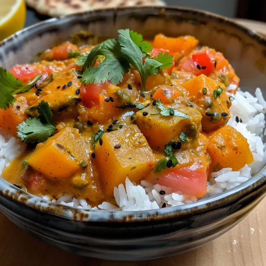 ['Close-up view of a vibrant plate of Wassermelonen-Curry with black beans and paneer.', 'Delicious Wassermelonen-Curry garnished with fresh coriander and lime.', 'Juicy Wassermelonen-Curry featuring chunks of watermelon, paneer, and black beans.', 'Side view of colorful Wassermelonen-Curry served on a white dish.']