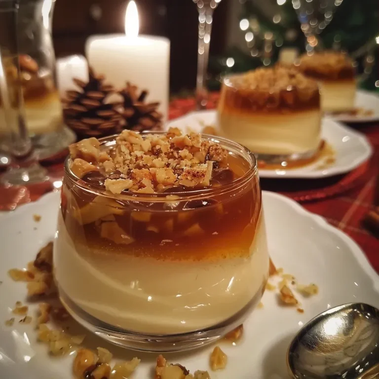 ['Close-up view of Weihnachtliche Panna Cotta topped with spiced caramel and walnuts.', 'Delicious Weihnachtliche Panna Cotta with a buttery caramel drizzle and a sprinkle of salt.', 'Side view of creamy Weihnachtliche Panna Cotta garnished with caramel and walnut pieces.', 'Rich Weihnachtliche Panna Cotta featuring a glossy caramel topping with festive spices.']