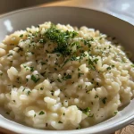 ['Close-up view of creamy Weißer Risotto with garnishes.', 'Side angle of a bowl of Weißer Risotto showcasing its rich texture.', 'Appetizing plate of Weißer Risotto with fresh ingredients visible.', 'Detailed image of Weißer Risotto highlighting its creamy appearance.']