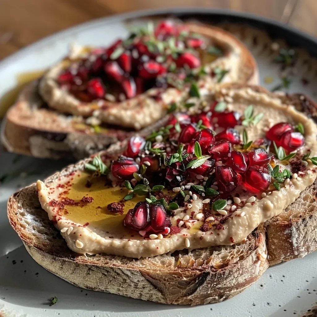 ['A close-up side view of a winter sandwich with caramelized Brussels sprouts.', 'Detailed view of toasted bread topped with hummus and Brussels sprouts.', 'Side shot of a winter sandwich featuring roasted Brussels sprouts and garnishes.', 'Close-up of a gourmet sandwich with Brussels sprouts and a drizzle of balsamic.']