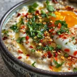 ['Close-up of a bowl filled with Winter Savory Chili Crisp Porridge, showcasing its creamy texture and vibrant chili sauce on top.', 'Side view of a hearty porridge bowl featuring gluten-free oats, topped with chili crisp and herbs.', 'Delicious Winter Savory Chili Crisp Porridge served in a rustic bowl, highlighting the colorful ingredients.', 'Close-up view of creamy porridge with a glossy layer of chili crisp, surrounded by herbs.']