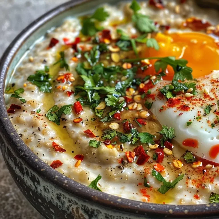 ['Close-up of a bowl filled with Winter Savory Chili Crisp Porridge, showcasing its creamy texture and vibrant chili sauce on top.', 'Side view of a hearty porridge bowl featuring gluten-free oats, topped with chili crisp and herbs.', 'Delicious Winter Savory Chili Crisp Porridge served in a rustic bowl, highlighting the colorful ingredients.', 'Close-up view of creamy porridge with a glossy layer of chili crisp, surrounded by herbs.']
