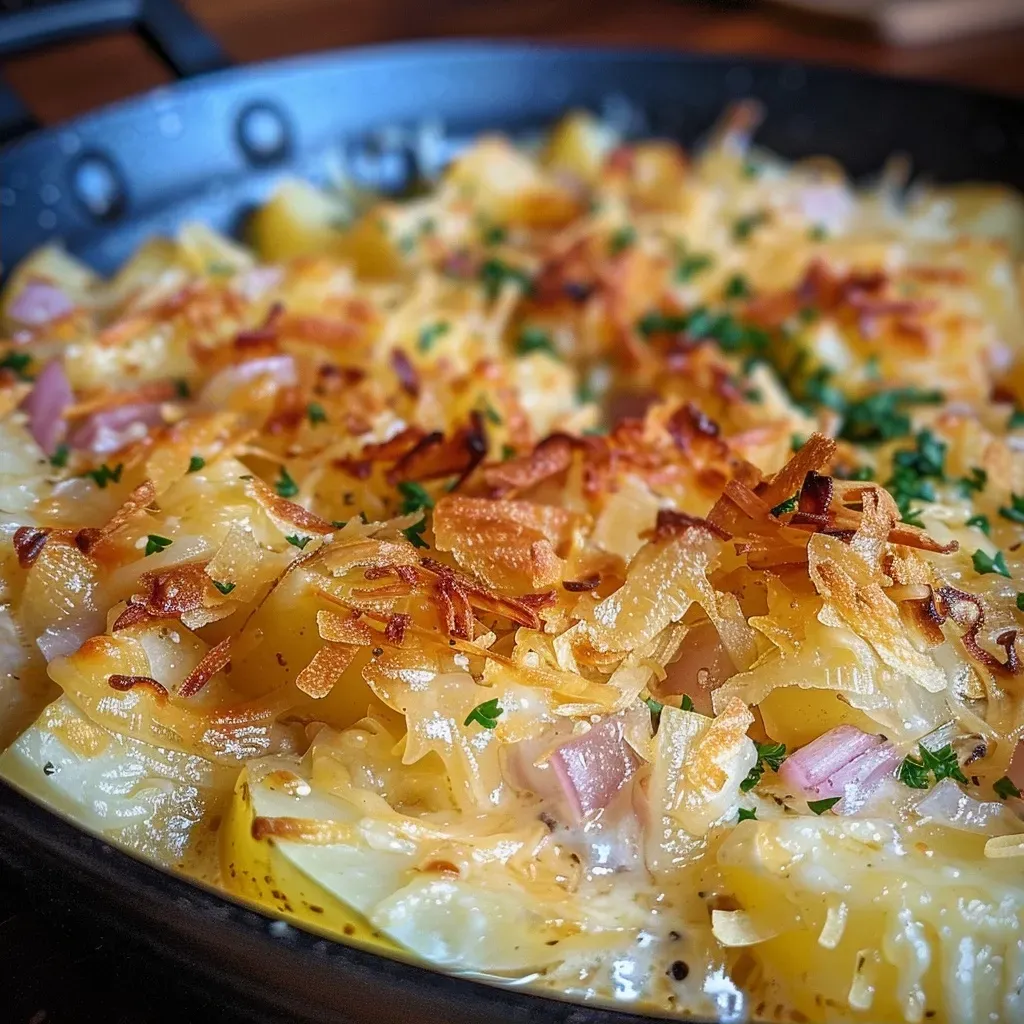 ['A close-up, side view of a cheesy Wirsing Kartoffel Auflauf, showcasing layers of potatoes and savoy cabbage.', 'Juicy Wirsing Kartoffel Auflauf with melted cheese on top, presented from the side to highlight its texture.', 'A tantalizing side view of Wirsing Kartoffel Auflauf, featuring golden cheese and vibrant green cabbage strips.', 'A delicious serving of Wirsing Kartoffel Auflauf, highlighting the creamy layers of potatoes and cabbage topped with cheese.']