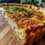 ['Close-up of a golden brown Wirsing-Nuss-Quiche with visible green cabbage and walnut pieces.', 'Side view of a baked quiche showcasing a crust filled with Wirsing, nuts, and herbs.', 'Juicy slice of Wirsing-Nuss-Quiche highlighting its flaky crust and rich filling.', 'Delicious, freshly baked quiche featuring layers of Wirsing, walnuts, and cheese.']