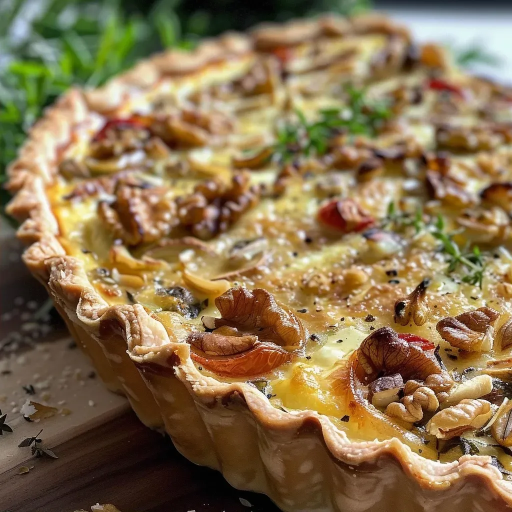 Close-up of a golden brown Wirsing-Nuss-Quiche with visible green cabbage and walnut pieces.