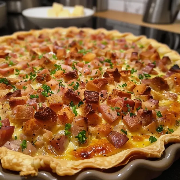 ['Close-up view of a delicious Wirsing quiche, showing a golden-brown crust and green cabbage filling.', 'Side view of a freshly baked Wirsing quiche with a flaky crust and visible ingredients like cabbage and cheese.', 'A juicy Wirsing quiche displayed on a plate, highlighting its layers of green cabbage and creamy filling.', 'An appetizing slice of Wirsing quiche with a crispy edge, featuring chunks of ham and cheese.']