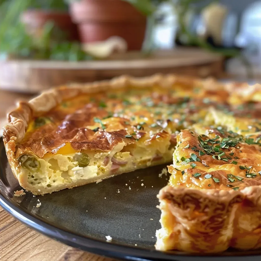['Close-up view of a delicious Wirsing quiche, showing a golden-brown crust and green cabbage filling.', 'Side view of a freshly baked Wirsing quiche with a flaky crust and visible ingredients like cabbage and cheese.', 'A juicy Wirsing quiche displayed on a plate, highlighting its layers of green cabbage and creamy filling.', 'An appetizing slice of Wirsing quiche with a crispy edge, featuring chunks of ham and cheese.']