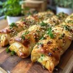 ['Close-up view of golden-brown Wirsing rolls filled with Feta cheese on a wooden table.', 'Side view of crispy cabbage rolls filled with Feta, garnished with herbs.', 'Juicy Wirsing rolls with a golden crust and visible Feta filling presented on a plate.', 'Deliciously baked cabbage rolls with Feta, showcasing their crispy texture and rich filling.']