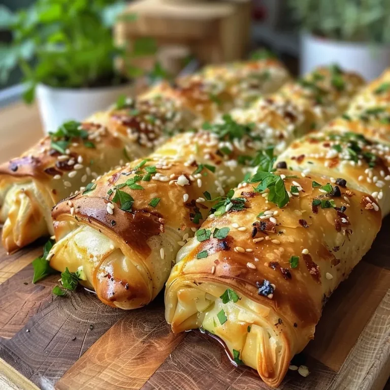 ['Close-up view of golden-brown Wirsing rolls filled with Feta cheese on a wooden table.', 'Side view of crispy cabbage rolls filled with Feta, garnished with herbs.', 'Juicy Wirsing rolls with a golden crust and visible Feta filling presented on a plate.', 'Deliciously baked cabbage rolls with Feta, showcasing their crispy texture and rich filling.']