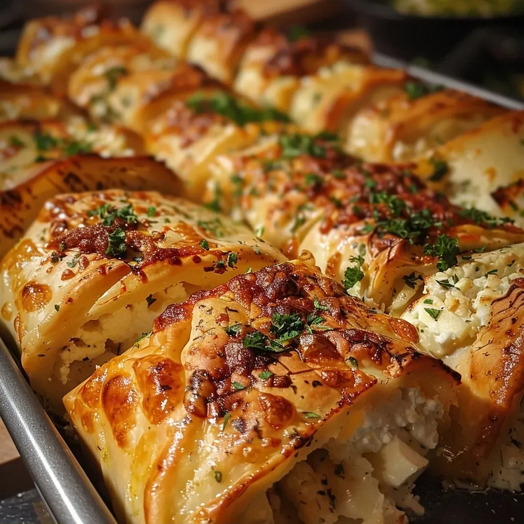 ['Close-up view of golden-brown Wirsing rolls filled with Feta cheese on a wooden table.', 'Side view of crispy cabbage rolls filled with Feta, garnished with herbs.', 'Juicy Wirsing rolls with a golden crust and visible Feta filling presented on a plate.', 'Deliciously baked cabbage rolls with Feta, showcasing their crispy texture and rich filling.']