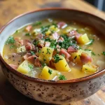 ['Creamy Wirsingsuppe with potatoes and bacon in a bowl, garnished with fresh herbs.', 'Close-up of a hearty cabbage soup with sliced bacon and diced potatoes, served in a rustic dish.', 'Delicious Wirsingsuppe featuring green cabbage, potatoes, and crispy bacon, displayed on a wooden table.', 'Inviting photo of rich soup made with Wirsing cabbage, potatoes, and bacon, visually appealing and savory.']