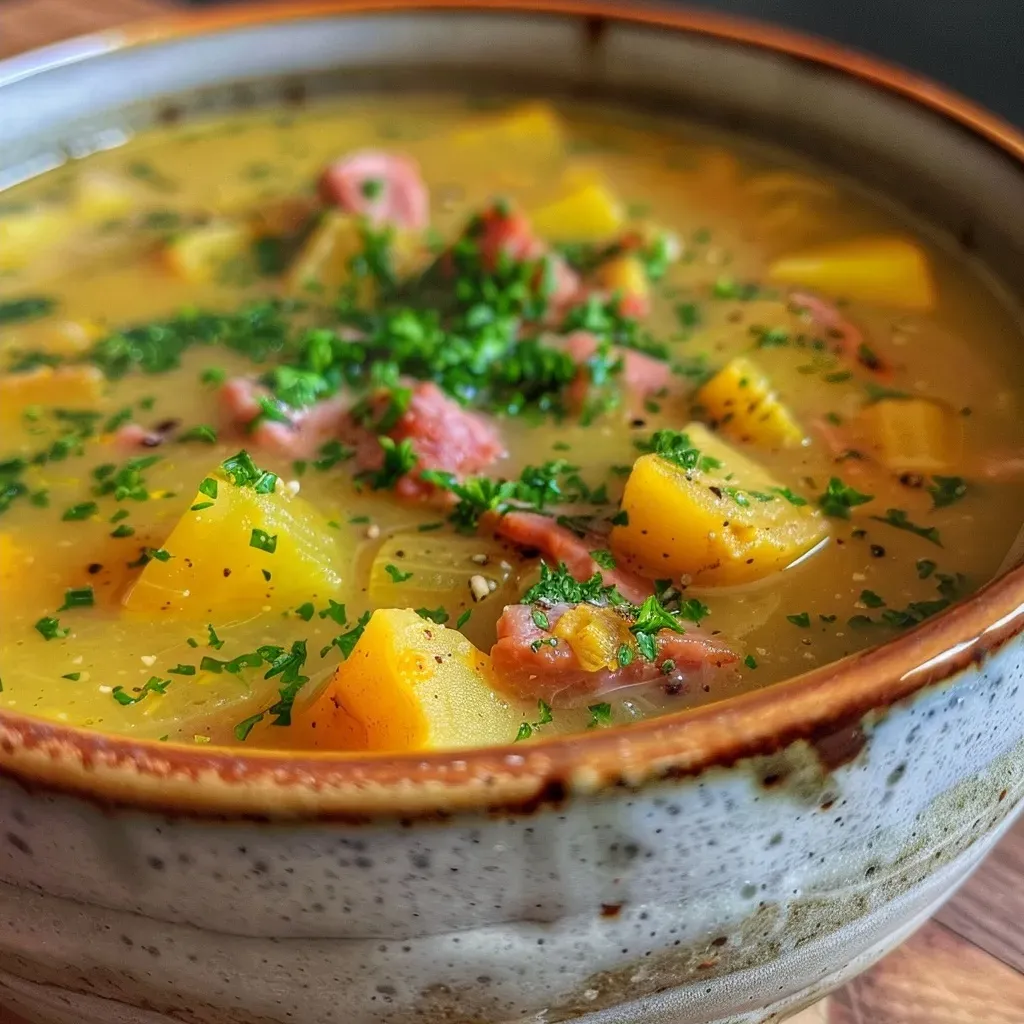 ['Creamy Wirsingsuppe with potatoes and bacon in a bowl, garnished with fresh herbs.', 'Close-up of a hearty cabbage soup with sliced bacon and diced potatoes, served in a rustic dish.', 'Delicious Wirsingsuppe featuring green cabbage, potatoes, and crispy bacon, displayed on a wooden table.', 'Inviting photo of rich soup made with Wirsing cabbage, potatoes, and bacon, visually appealing and savory.']