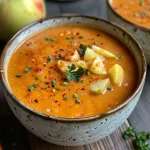 ['A close-up view of a bowl of spicy apple cinnamon soup, showcasing the rich color and texture.', 'Side view of a steaming bowl of vibrant apple cinnamon soup, with visible spices and fresh apple pieces.', 'A detailed shot of warm apple cinnamon soup in a bowl, highlighting its creamy consistency and garnishing.', 'Close-up of a delicious bowl of spicy apple cinnamon soup, featuring a sprinkle of chili flakes on top.']