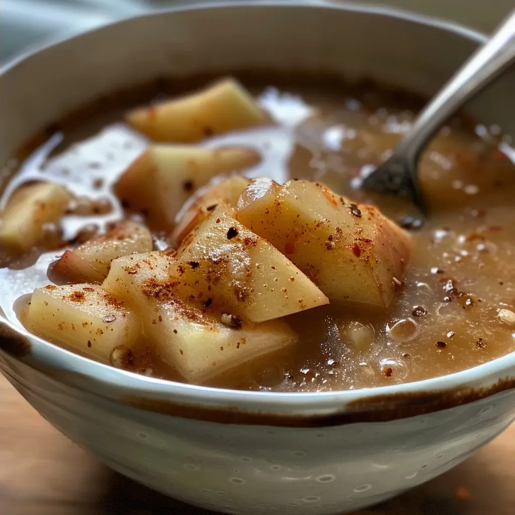 ['A close-up view of a bowl of spicy apple cinnamon soup, showcasing the rich color and texture.', 'Side view of a steaming bowl of vibrant apple cinnamon soup, with visible spices and fresh apple pieces.', 'A detailed shot of warm apple cinnamon soup in a bowl, highlighting its creamy consistency and garnishing.', 'Close-up of a delicious bowl of spicy apple cinnamon soup, featuring a sprinkle of chili flakes on top.']