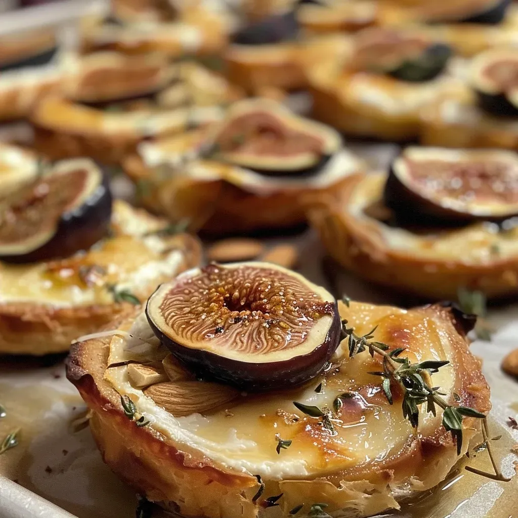 ['Close-up view of mini tartlets filled with goat cheese and topped with fresh figs.', 'Side view of almond shell tartlets showcasing creamy goat cheese and juicy figs.', 'Detail shot of bite-sized goat cheese and fig tartlets on a rustic wooden surface.', 'Beautifully arranged mini tartlets with golden almond crusts and fresh fig slices.']