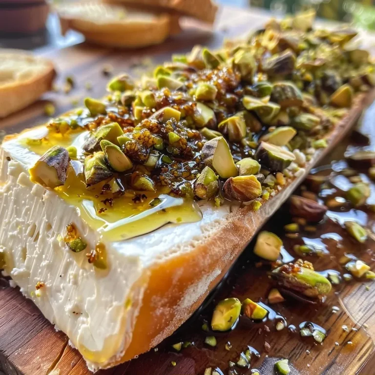 ['Close-up of a goat cheese appetizer topped with honey, fig spread, and chopped pistachios.', 'Side view of a goat cheese log drizzled with honey and sprinkled with pistachios on a wooden board.', 'Fresh goat cheese served with honey, figs, and pistachios alongside crackers.', 'A gourmet platter featuring goat cheese, honey, and fig spread, garnished with pistachios.']