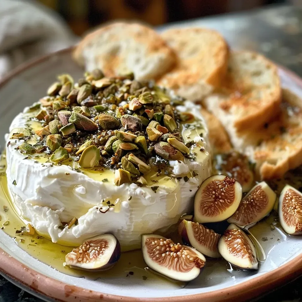Close-up of a goat cheese appetizer topped with honey, fig spread, and chopped pistachios.