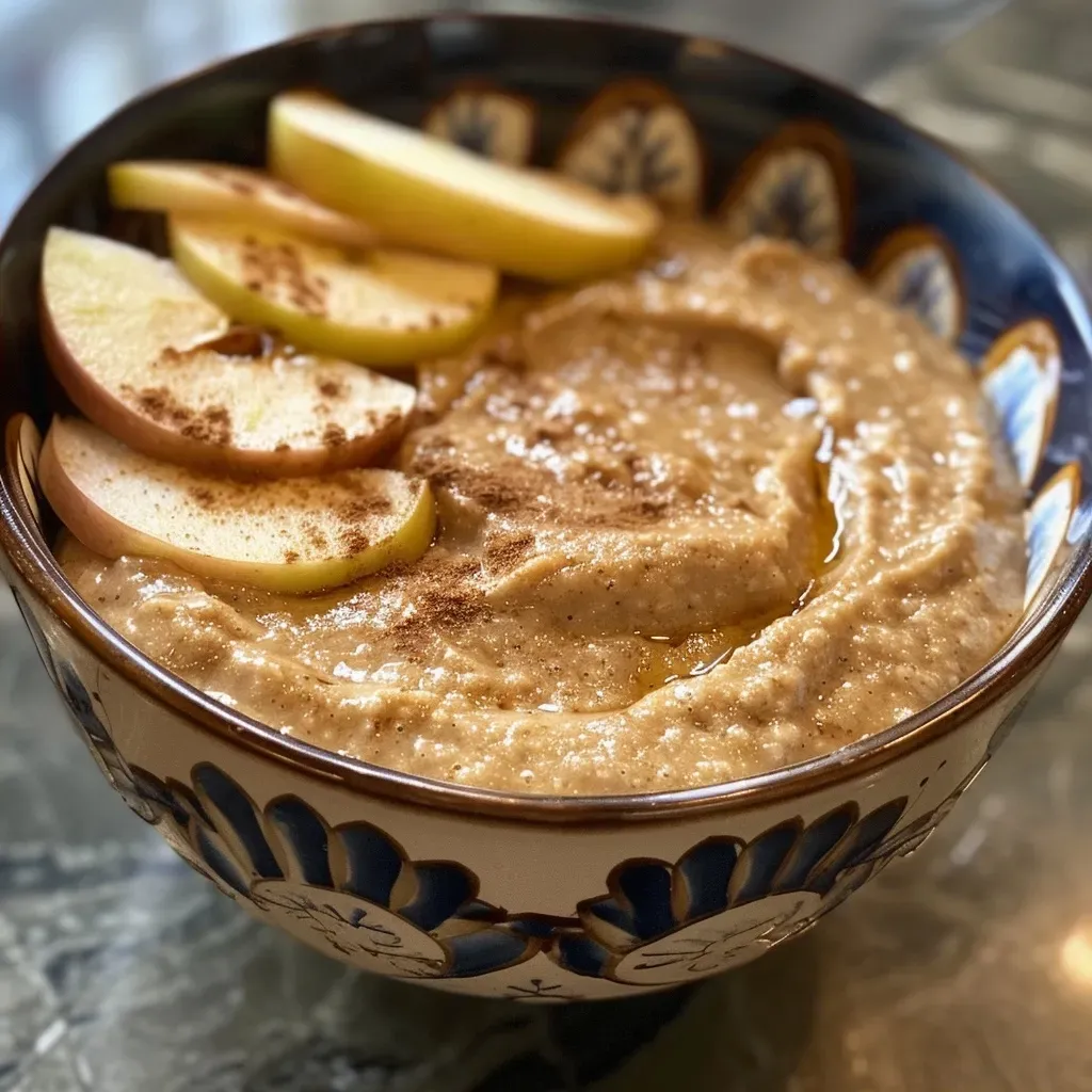 ['Close-up view of a creamy cinnamon almond butter dip with sliced green apples.', 'Side view of a bowl filled with cinnamon almond butter dip accompanied by apple slices.', 'Delicious almond butter dip garnished with cinnamon, served with fresh Granny Smith apple wedges.', 'Rich and creamy almond butter dip in a bowl with several sliced apples ready to be dipped.']