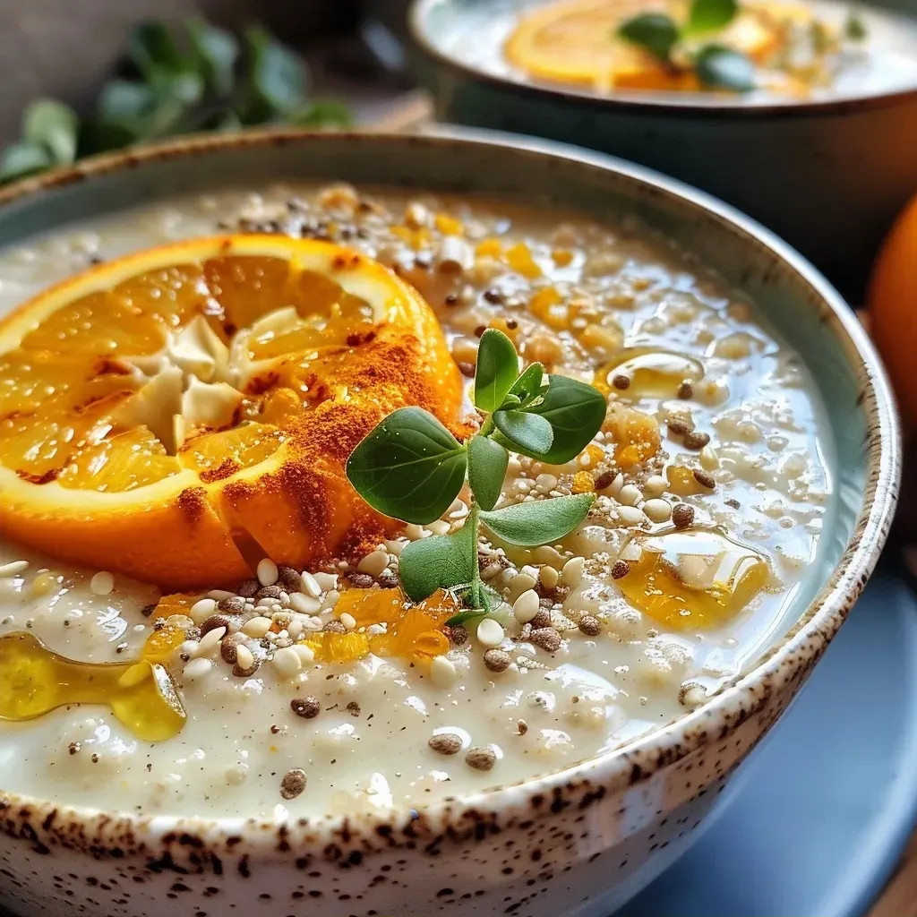 ['Close-up view of creamy Zimt Porridge topped with caramelized orange slices.', 'Side view of a bowl of Zimt Porridge with juicy caramelized oranges and mint leaves.', 'Creamy oatmeal displayed beautifully with garnished orange segments and almonds.', 'A delicious serving of Zimt Porridge featuring vibrant caramelized oranges and a sprinkle of cinnamon.']