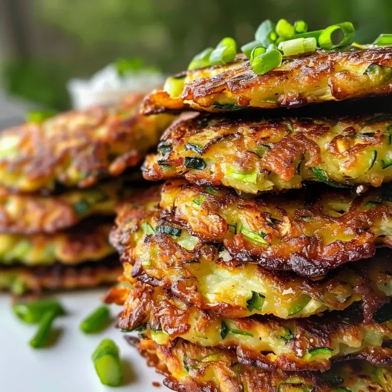 ['Close-up of crispy zucchini fritters, garnished with herbs and served with yogurt sauce.', 'Side view of golden-brown zucchini fritters on a plate, showing texture and ingredients.', 'Juicy zucchini fritters with a crunchy exterior, accompanied by a dip of Greek yogurt.', 'Freshly cooked zucchini fritters stacked on a plate, showcasing their vibrant colors and toppings.']