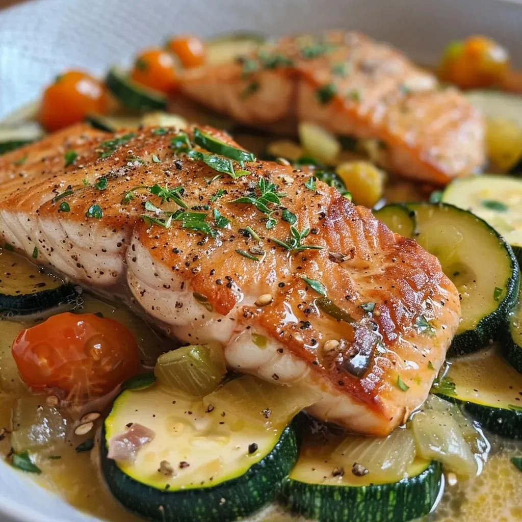 ['Close-up of a vibrant zucchini pan with salmon, featuring chopped vegetables and herbs.', 'A delicious zucchini and salmon dish displayed in a frying pan, showcasing fresh ingredients.', 'Side view of sautéed zucchini with salmon, garnished with herbs and surrounded by colorful vegetables.', 'Juicy salmon fillet resting on a bed of sautéed zucchini and leeks in a rustic frying pan.']