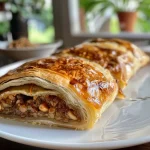 ['Juicy Zwetschgen Mandel Strudel with golden crust and almond flakes.', 'Side view of a slice of Zwetschgen Mandel Strudel, revealing juicy plum filling.', 'Close-up of Zwetschgen Mandel Strudel, showcasing layers and almonds.', 'A beautifully baked Zwetschgen Mandel Strudel on a plate, garnished with almonds.']