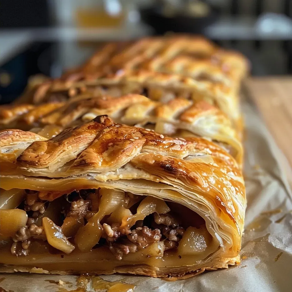 ['Juicy Zwetschgen Mandel Strudel with golden crust and almond flakes.', 'Side view of a slice of Zwetschgen Mandel Strudel, revealing juicy plum filling.', 'Close-up of Zwetschgen Mandel Strudel, showcasing layers and almonds.', 'A beautifully baked Zwetschgen Mandel Strudel on a plate, garnished with almonds.']