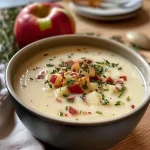 ['A creamy onion soup garnished with apple slices and crispy bacon bits in a white bowl.', 'Close-up view of Zwiebelcremesuppe featuring apples and crispy bacon, with a smooth texture.', 'A serving of Zwiebelcremesuppe topped with diced apples and speck, displayed in a rustic setting.', 'A side view of a bowl of Zwiebelcremesuppe drizzled with cream and sprinkled with chives.']