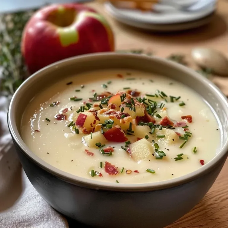 ['A creamy onion soup garnished with apple slices and crispy bacon bits in a white bowl.', 'Close-up view of Zwiebelcremesuppe featuring apples and crispy bacon, with a smooth texture.', 'A serving of Zwiebelcremesuppe topped with diced apples and speck, displayed in a rustic setting.', 'A side view of a bowl of Zwiebelcremesuppe drizzled with cream and sprinkled with chives.']