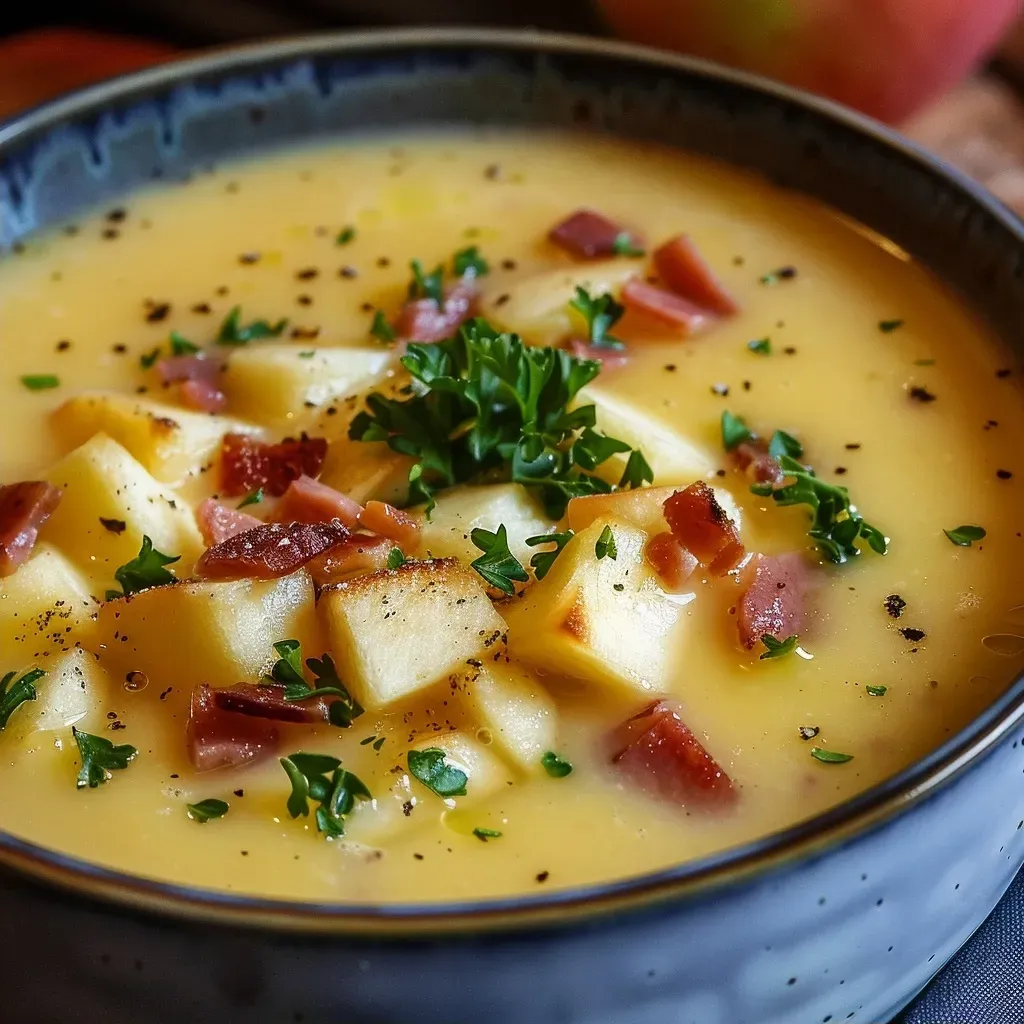 ['A creamy onion soup garnished with apple slices and crispy bacon bits in a white bowl.', 'Close-up view of Zwiebelcremesuppe featuring apples and crispy bacon, with a smooth texture.', 'A serving of Zwiebelcremesuppe topped with diced apples and speck, displayed in a rustic setting.', 'A side view of a bowl of Zwiebelcremesuppe drizzled with cream and sprinkled with chives.']