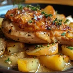 Juicy baked chicken breast with slices of quince, garnished with thyme.