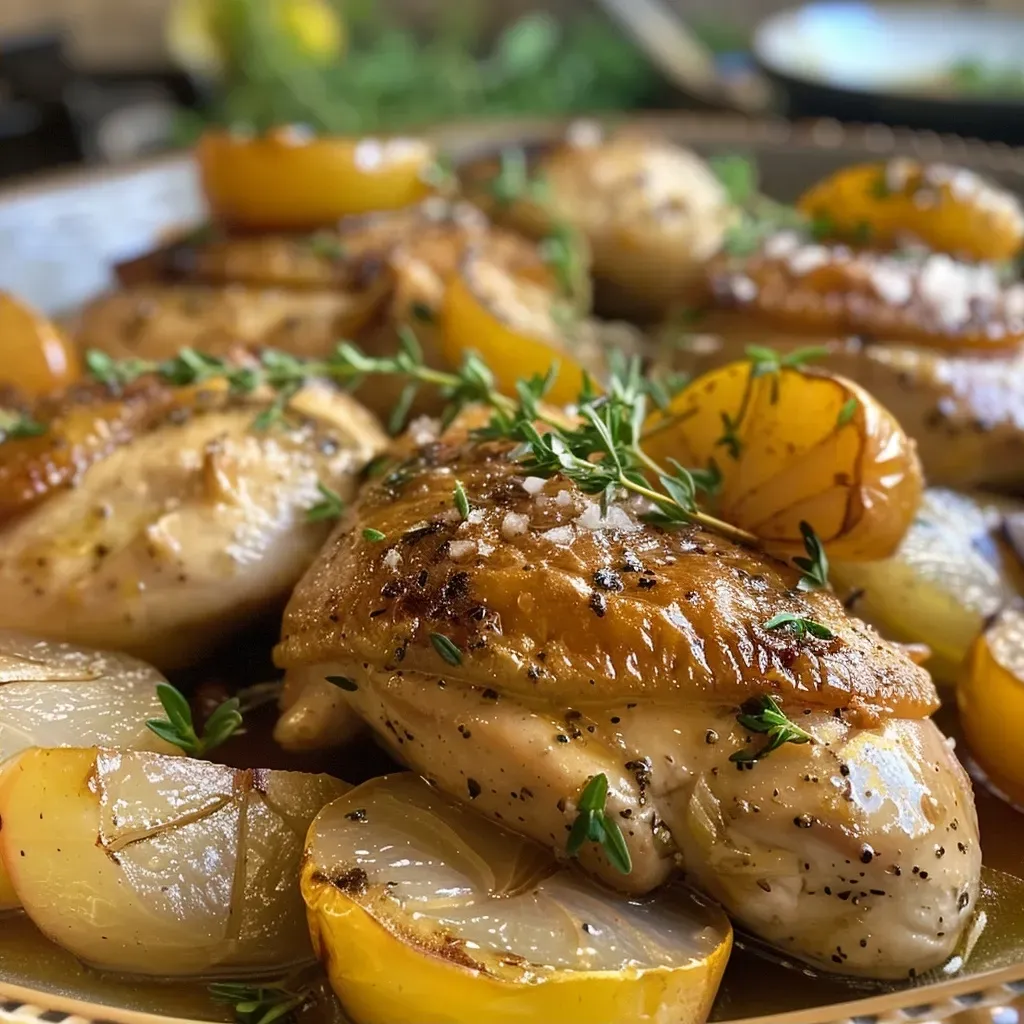 Close-up image of golden-brown baked chicken breast accompanied by ripe quince pieces.
