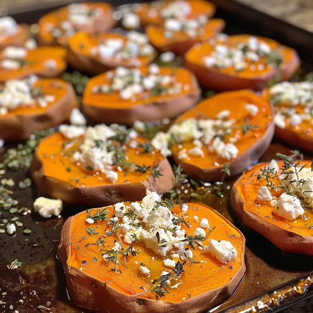 Geröstete Süßkartoffelrunden mit Honig-Feta genießen!