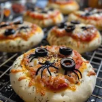 Close-up of Halloween mini pizzas topped with olive spiders.