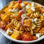 Close-up view of a vibrant Kürbis Feta Protein Pasta dish, showcasing colorful ingredients.