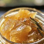 A close-up of low carb quince marmalade in a glass jar, showing a rich, jam-like texture.