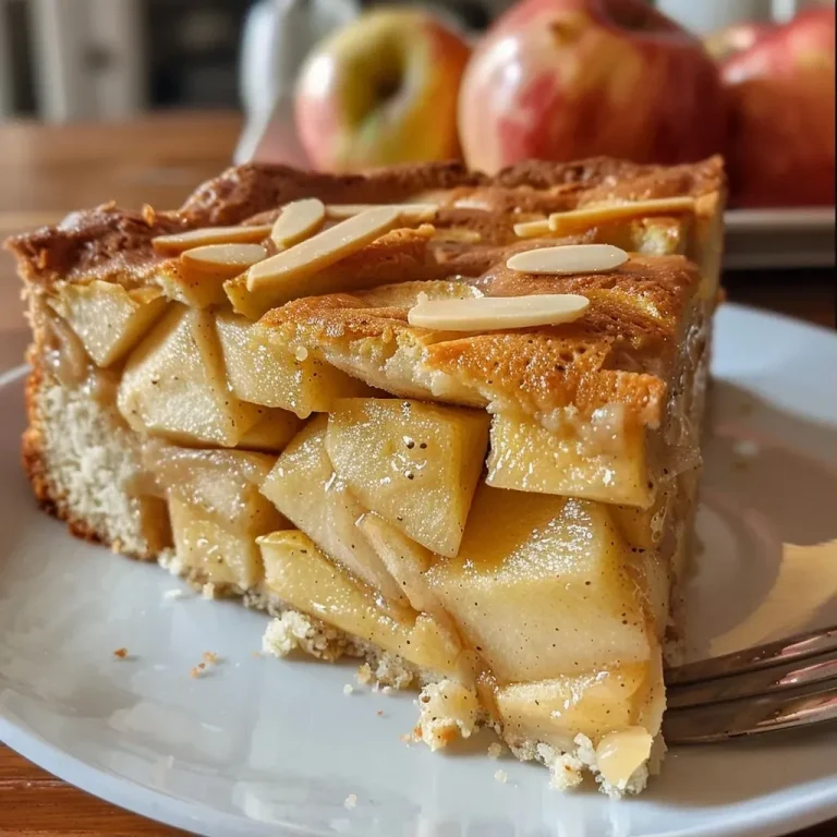 Close-up of a moist protein apple cake with quark, displayed in a baking dish.