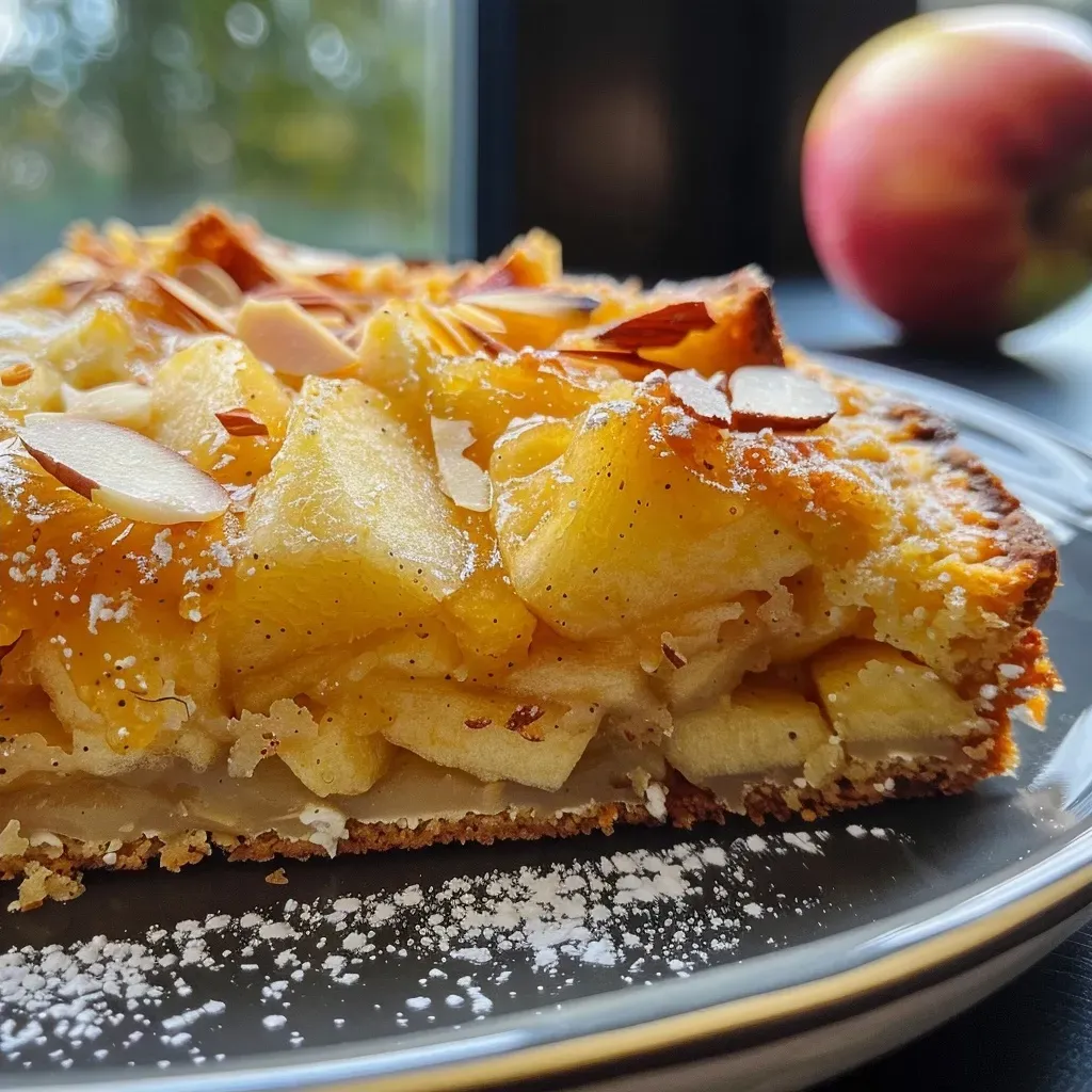 A side view of Protein Apfelkuchen mit Quark, highlighting its golden crust and apple pieces.