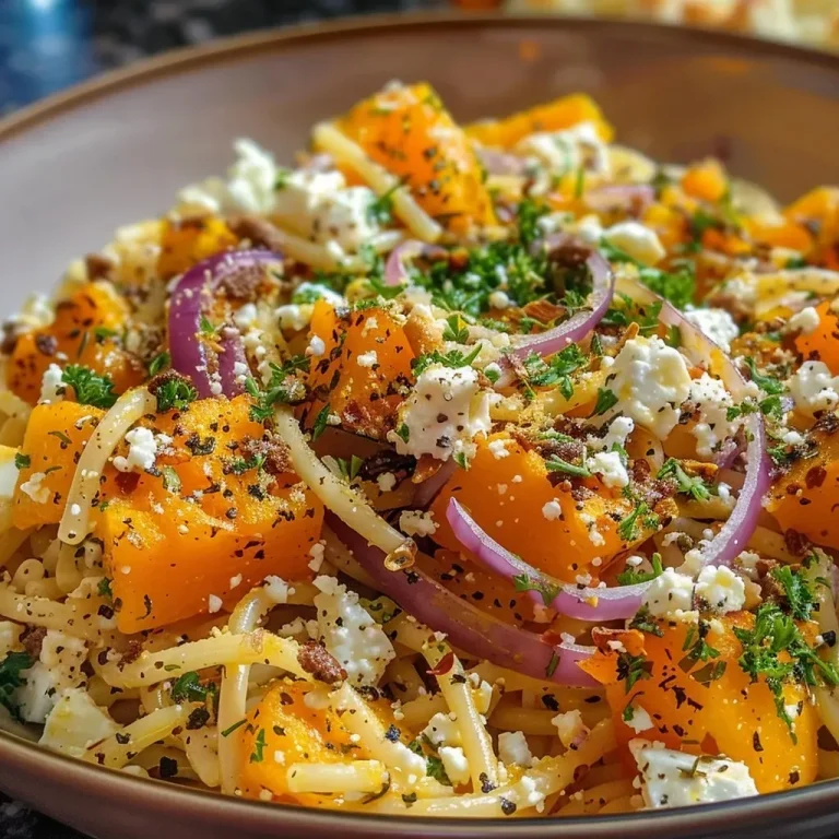 Herzhafte Pasta mit Butternut-Kürbis und Feta – Ein Hochgenuss A close-up view of high protein butternut squash feta pasta with vibrant colors.