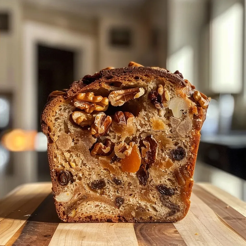 Juicy slice of vegan Quitten-Walnuss-Brot with visible pieces of nuts and dried fruits.