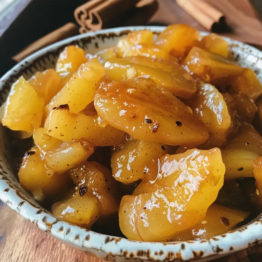 Side view of delicious homemade quince and apple chutney in a glass jar.