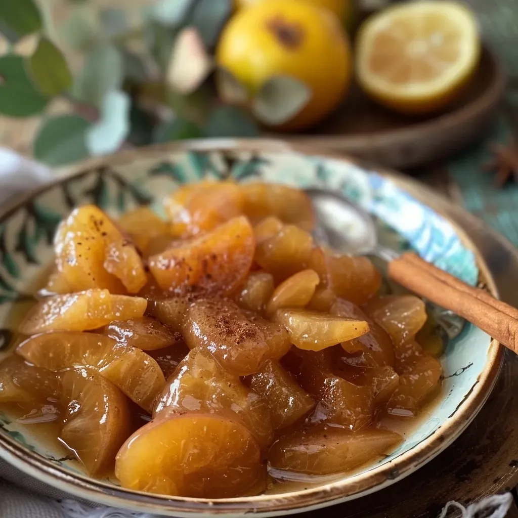 Side view of a bowl of glistening Quittenkompott with slices of quince.